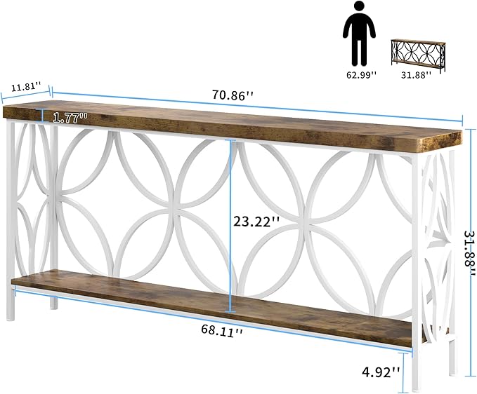 karlott 70.9 inch Extra Long Console Table, Industrial Sofa Table Behind Couch with 2 Tier Storage Shelf, Narrow Long Entryway Table for Living Room, Foyer, Hallway, Office, White