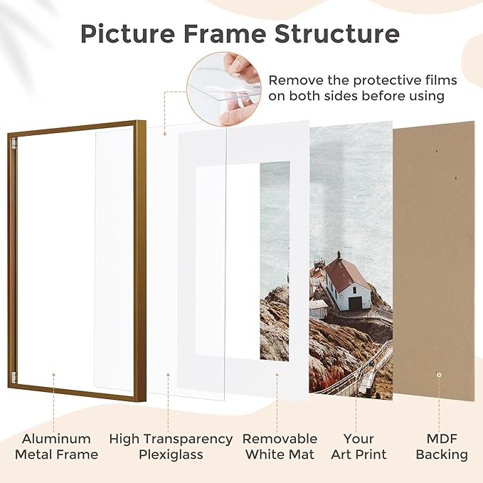 8x10 Picture Frame - Metal Frame With Mat 5x7 | 8 x 10 Aluminum Photo Frame | Plexiglass And Hanging Hardware Included | Black 8x10 Picture Frame | Bronze