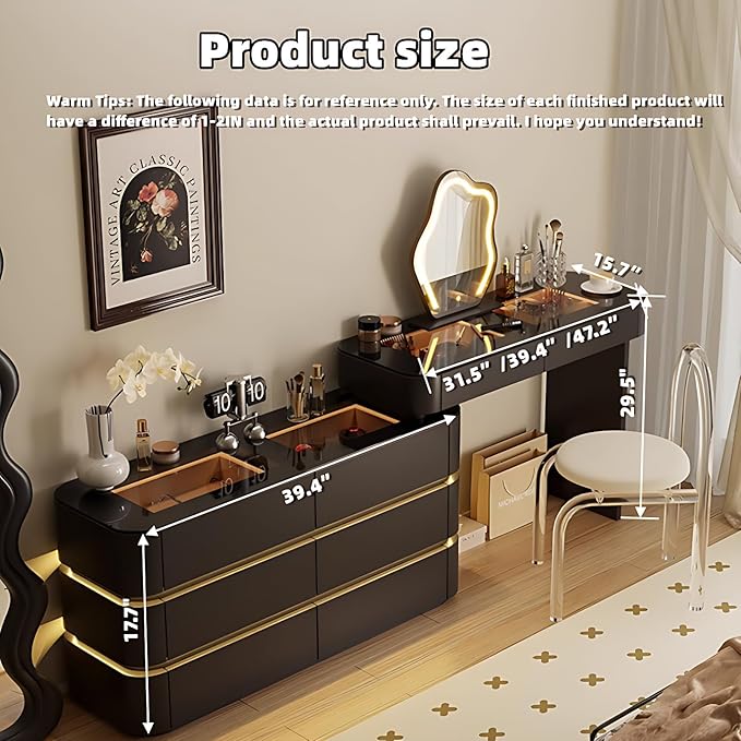 Makeup Vanity Desk with Storage Drawers, Solid Wood Glass Top, Lights Desk and Chair, Easy Installation (White 6 Drawers, 31.5”)