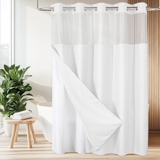 Colorful Star Extra Long Waffle Weave Shower Curtains, 256GSM Heavy Duty Shower Curtain with Snap in Fabric Liner, Hotel Style No Hook Waterproof Bathroom Curtain Set, 72 x 87 Inch, White