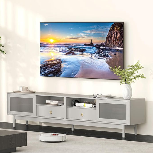 Bonzy Home TV Stand with Storage for 80 Inch TV, Modern Entertainment Center with Glass Doors and 2 Drawers, 86.6" Long TV Console for Living Room, Grey