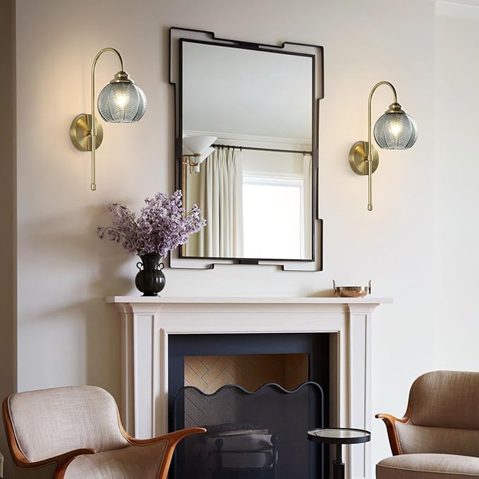 KCO Lighting Brushed Gold Wall Sconce Set of Two Vintage Smoked Glass Wall Lights Mid Century Bathroom Light Sconces Set of 2 Modern Globe Wall Sconce Long Arc Wall Light