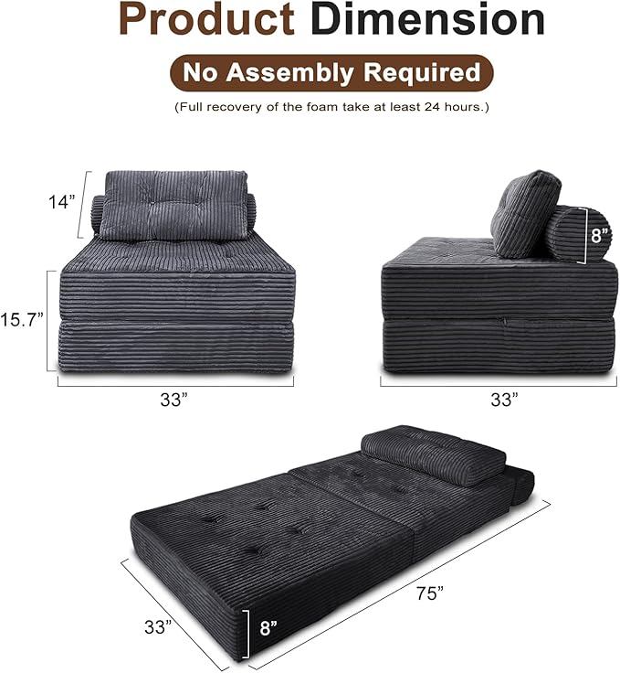 Comfy Foldable Sleeper Chair with Pillow, Supportive Memory Foam, Plush Corduroy Fabric, Cozy Floor Couch, Versatile Convertible Mattress for Bedroom/Living Room/Guest/Office, Dark Grey