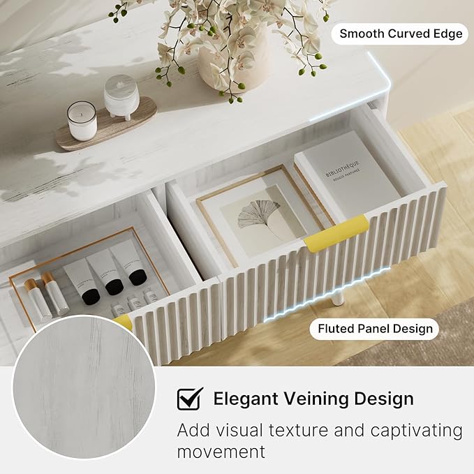 LYNSOM 55" Wide Fluted Dresser for Bedroom with 7 Drawer, Modern Chest of Drawers with Curved Profile Design and Metal Handles, Wood Dresser TV Stand & Storage Organizer for Living Room, White