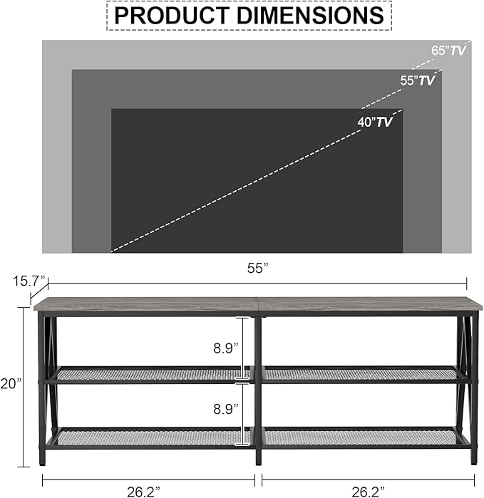 TV Stand for TVs up to 65 Inch, 55" Long Industrial TV Console Table with 3-Tier Storage Shelves, Entertainment Center for Living Room, Bedroom (Gray)