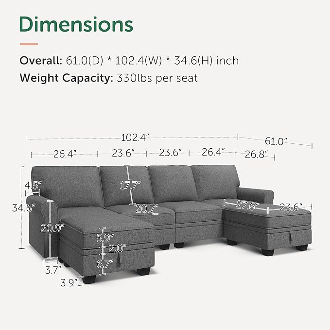 HONBAY Convertible Sectional Sofa with Storage U Shaped Sectional Couch with Reversible Chaise Small Sectional Couches for Living Room,Grey