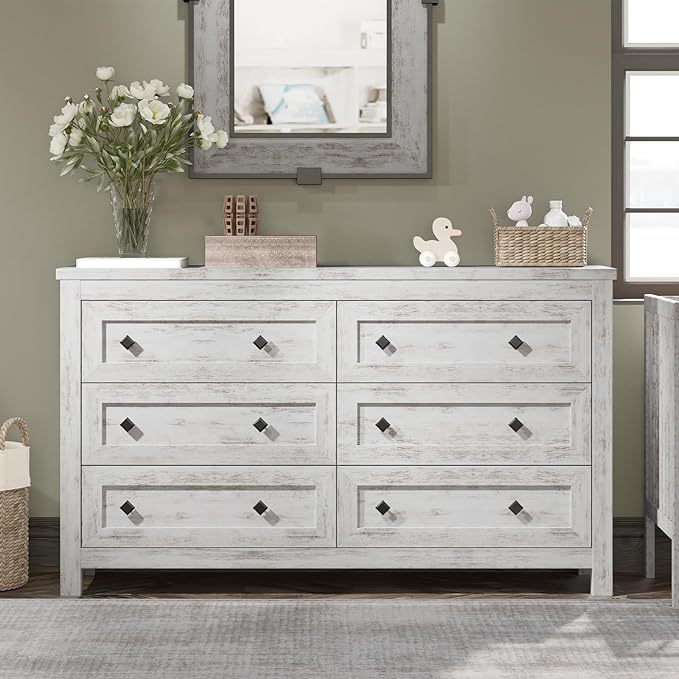 AMERLIFE 6 Drawer Dresser for Bedroom, 54" Wide Dresser TV Stand with Large Drawers, Farmhouse Wood Chest of Drawers with Vintage Grain Texture, Distressed White