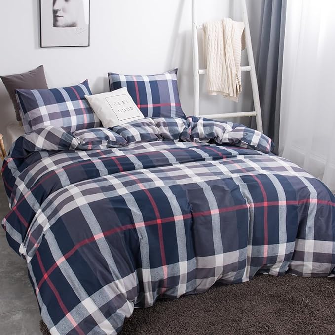 CLOTHKNOW Blue Plaid Twin/Twin XL Comforter Set Tartan Bedding Comforter Sets All Season Geometric Grid Comforters Buffalo Comforter with 2 x Pillow Cases