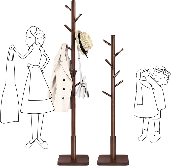VASAGLE Solid Wood Coat Rack, Free Standing Hall Coat Tree with 8 Hooks, 3 Height Options, for Coats, Hats, Bags, Purses, for Entryway, Hallway, Rubberwood Hooks and Pole, Dark Walnut URCR010W01