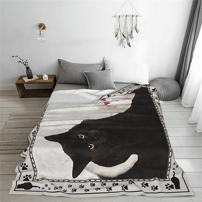 Cat Blanket Black and White Throw Blanket Soft Fleece Flannel Bedding Cats Gifts for Men Boys Women Girls Lovers Adults Stuff Plush for Couch Sofa Bed Room Decor 60"X80"