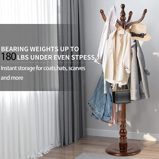 Wooden Coat Rack, Heavy Duty Coat Rack Freestanding with 11 Smooth Hooks, Coat Tree, Vintage Clothes Hanger Stand with Stable Disc Base for Bedroom, Entryway, Office-Load 180lbs (Walnut Brown)