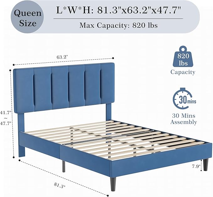 VECELO Queen Bed Frame with Upholstered Headboard, Heavy-Duty Platform Bedframe with Strong Wooden Slats Support, No Boxing Spring Needed, Dark Blue