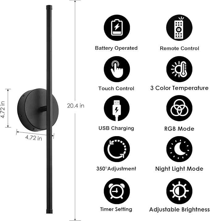 Battery Operated Wall Sconces Set of Two, with Remote Control, Dimmable, Warm White/Natural White/Daylight/RGB, 350°Rotate, LED Black Wireless Wall Light for Living Room, Bedroom, 20.4 Inch