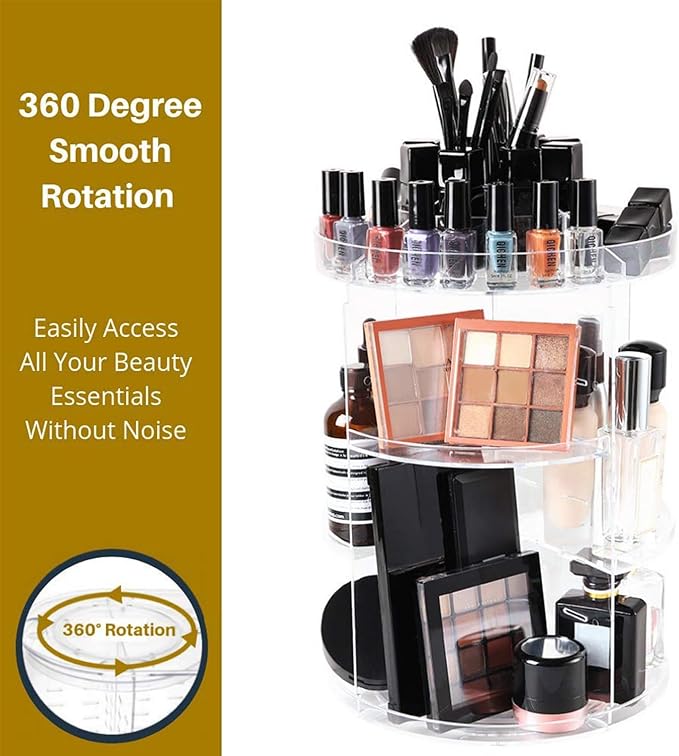 SUNFICON Rotating Makeup Organizer 360 Rotation Cosmetic Storage Holder Crystal Clear Acrylic Makeup Turntable Spin Display Stand Bathroom Bedroom Countertop Vanity Dressing Table Gift Girl Lady Women