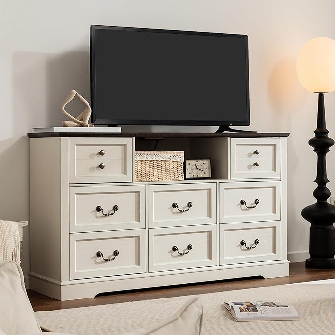 White Dresser for Bedroom with Charging Station & Led Lights,55.02" TV Stand with 8 Drawers,Dressers & Chests of Drawers with Open Shelves,Hallway,Closet 55.02" W x 34.53" H x 15.77" D White