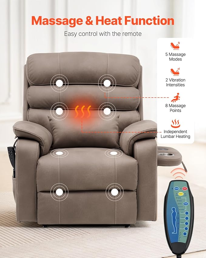 VEVOR Power Lift Recliner Chair, Dual Motor Lift Chair with Heat and Massage for Elderly, Infinite Position Adjustment Electric Recliner with a Cup Holder (Medium-Wide, Light Brown)