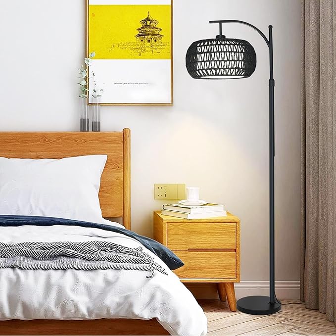 Arc Floor Lamp with 3 Color Temperatures,Black Floor Lamp with Remote Control, Boho Standing Lamp with Rattan Wicker Shades, Farmhouse Tall Pole Lamp for Living Room Bedroom