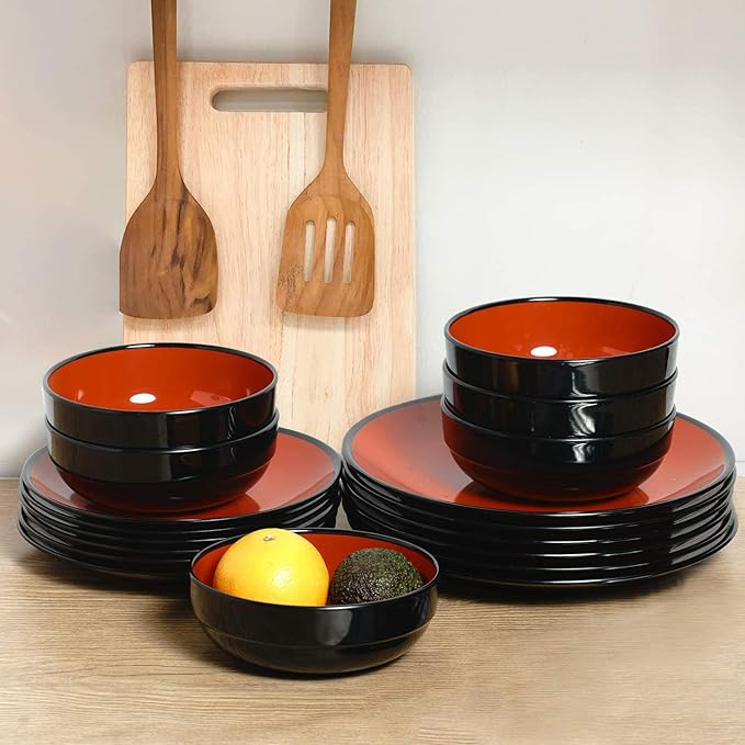 TP 18-Piece Dinnerware Set, Melamine Dishes Set with Bowls and Plates, Service for 6, Non-breakable Lightweight Dining Tableware, Black and Red