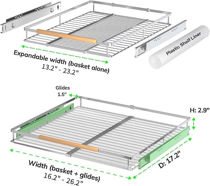 Expandable Pull Out Drawer Cabinet Organizers, Heavy Duty Slide Out Storage Shelf for Home Kitchen Pantry Cupboard Pots Pans, Adjustable Width from 16.2" to 26.2", Stainless 2 Packs