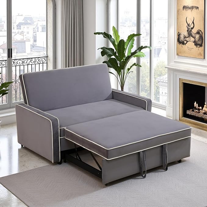 53 Inch Convertible Pull Out Sofa Bed, Sleeper Couch with Fluffy Fabric, Loveseat with Adjustable Backrest for Living Room, Bedroom, Apartment, Light Grey