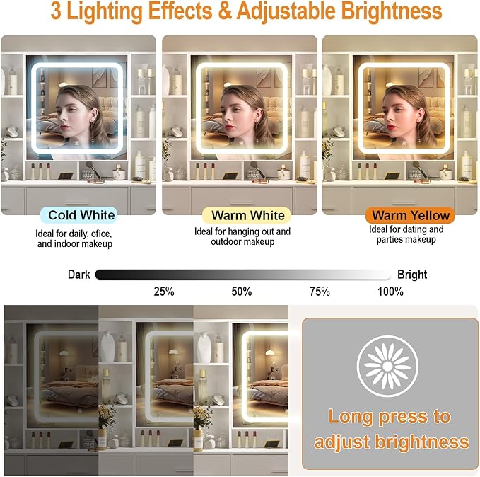 39" W Makeup Vanity Desk with Mirror and Lights, White Vanity Set with 7 Drawers and 8 Storage Shelves, Vanity Table with Adjustable LED Lights and Stool, Dressing Table for Girls, White