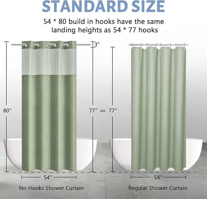 Furlinic Stall Shower Curtain No Hook with Snap in Liner,Waffle Weave Waterproof Bathroom Curtains with See Through Top Window & Weighted Magnets,Sage Green,54x80 Inch