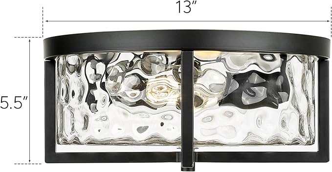 Modern Flush Mount Ceiling Light, 13" D 2-Light Industrial Close to Ceiling Lights, Hammered Glass Ceiling Light,Flush Ceiling Light for Hallway, Kitchen, Bathroom, Dining Room (Black,)