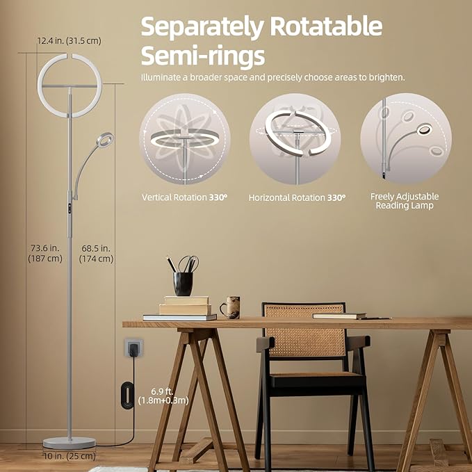 FIMEI Split Floor Lamp Modern LED Rotatable Floor Lamp with Reading Light, Eye-Protection Reading Standing Lamp with Stepless Dimming and 3000K-6000K Color, Separately Rotatable Design, Gray