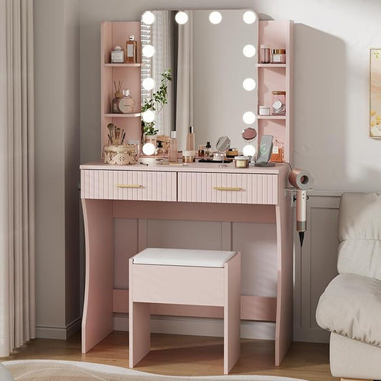 Vanity Desk with LED Lighted Mirror, Makeup Vanity with 3 Adjustable Lights, 2 Large Drawers and 4 Open Shelves, Pink Vanity Table with Storage Stool for Bedroom