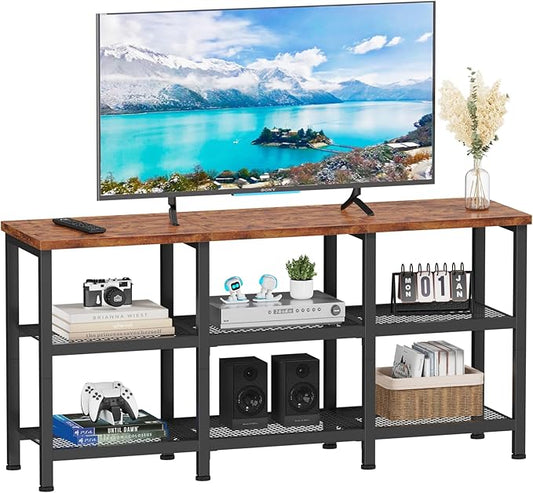 Furologee TV Stand, Small Media Console Table with 3-Tier Storage Shelves, Industrial Entertainment Center for TVs up to 50 Inch, Television Stands for Living Room, Bedroom, Rustic Brown