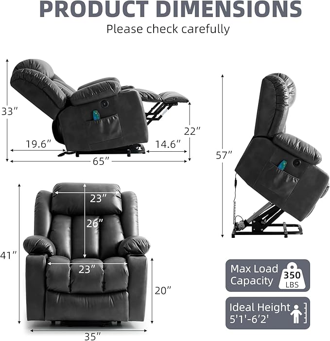 Power Lift Recliner Chair for Elderly, Electric Recliner Chairs for Adults with Massage and Heat, Cup Holders, Remote Control, USB Ports, Side Pockets, Leather (Black)