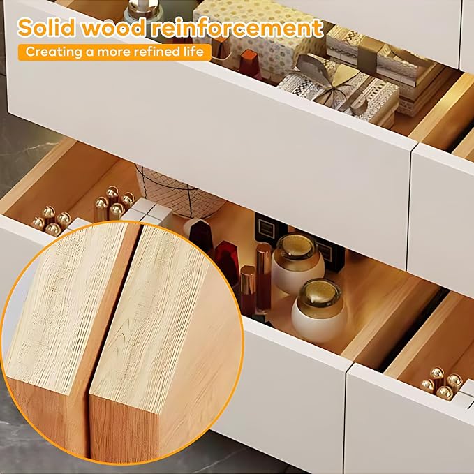 Makeup Vanity Desk, Modern Dressing Table Include LED Smart Round Mirror and Glass Countertop, Luxury Vanity Set with Makeup Chair, Side Cabinet with Drawers Storage and Ambient Light (White,48")