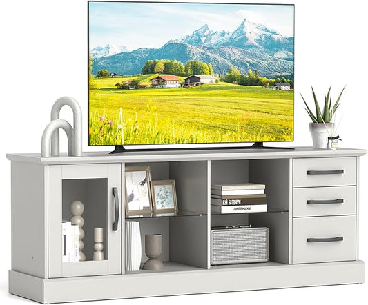 Giantex Farmhouse TV Stand for 73 Inch TV, Wood TV Console Table w/Removable Glass Shelves, Cable Management Holes & Drawers, Rustic Entertainment Center with Storage for Living Room, Bedroom, Grey