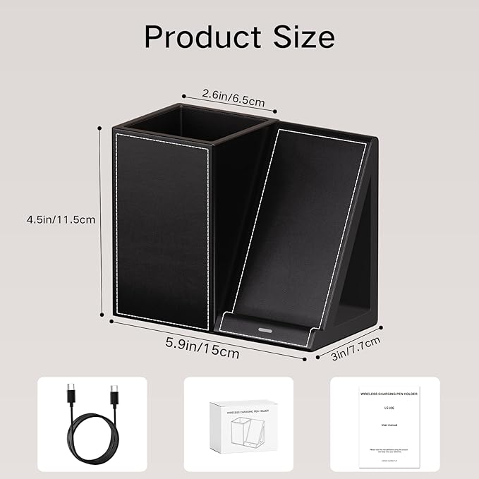 Pen Organizer with Phone Stand,Black Vegan Leather Desk Organizers with Remote Control Holder,Pencil Holder for Desk,Desk Organizer with Phone Charger for Office/Nightstand/Endtable
