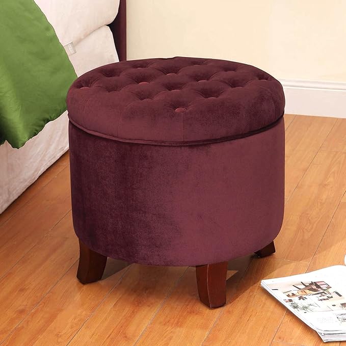 Homepop Home Decor | Upholstered Round Velvet Tufted Foot Rest Ottoman | Ottoman with Storage for Living Room & Bedroom | Decorative Home Furniture, Burgundy Small