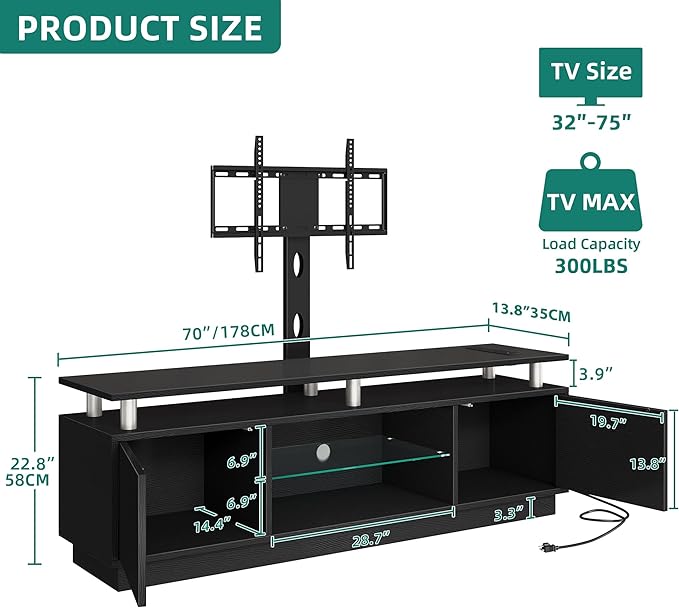 YITAHOME TV Stand with Mount for 75/70/65 inch TV, Entertainment Center with Storage, Modern LED TV Stand w/Power Outlets for Living Room, TV Console Media Cabinet, Black