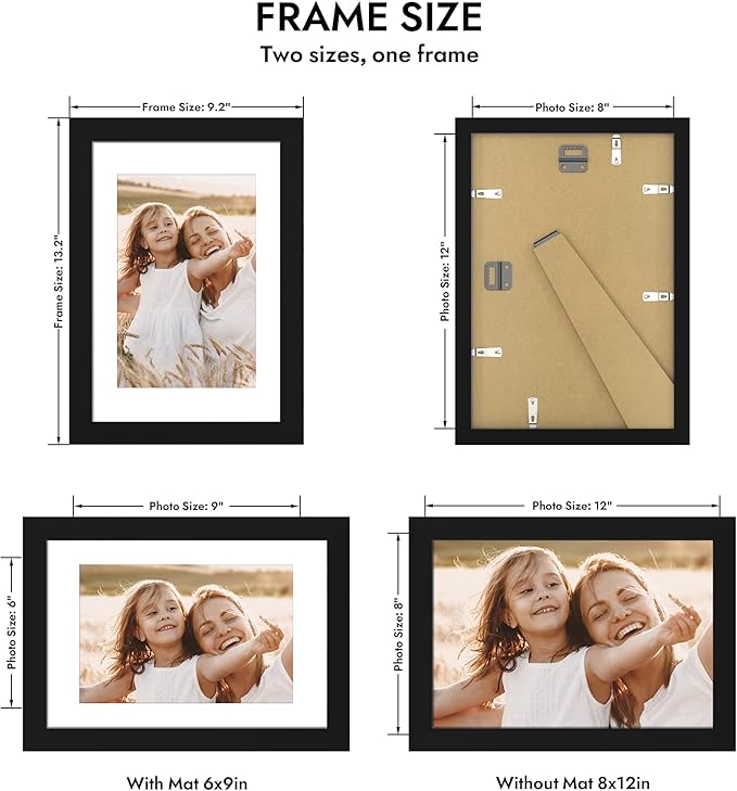 8x12 Picture Frame with Glass, Display Pictures 6x9 with Mat or 8 x 12 without Mat - Wall and Tabletop, 8 by 12 Photo Wooden Frames (Black, 1 Pack)
