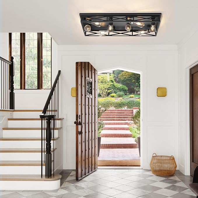 8-Light Large Flush Mount Ceiling Light Fixture, 31" Black Hallway Light, Metal Cage Closed to Ceiling Mounted Lights, Farmhouse Flush Mount Light Fixture for Bedroom Kitchen Hallway Entryway