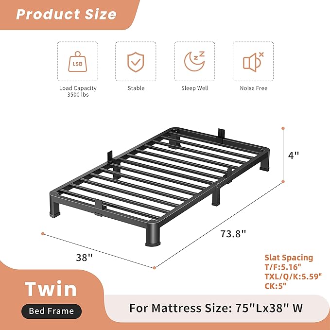 4 Inch Twin Heavy Duty 3500 lbs Bed Frame with Round-Corner Legs & Anti-Squeak Design – Quick Assembly Metal Platform, No Box Spring Needed