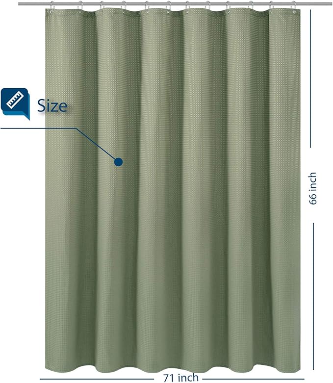 Short Waffle Weave Fabric Shower Curtain 66 inch Long, Hotel Luxury Spa, 230 GSM Heavy Duty, Water Repellent, Machine Washable, Sage Green Pique Pattern Decorative Bathroom Curtain, 71x66