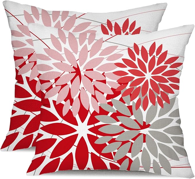 DFXSZ Outdoor Pillow Covers - 18x18 Inch Set of 2, Pink, Red, Grey Flower Decorative, Waterproof, Summer, Valentine's, Patio, Garden, Couch