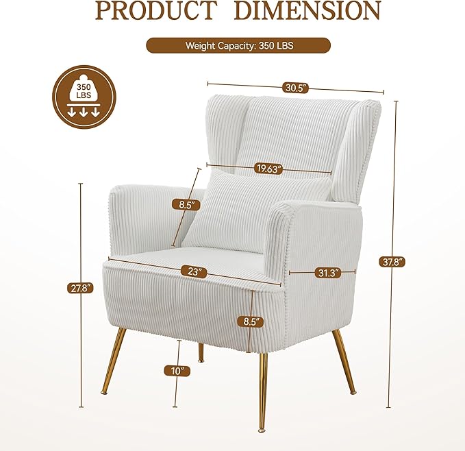 Corduroy Accent Living Room Arm Chair with Pillow & Golden Legs, 8.5" Thick Cushion, Mid Century Modern Wingback Chairs Upholstered Comfy Sofa Armchair for Reading Room/Bedroom, White