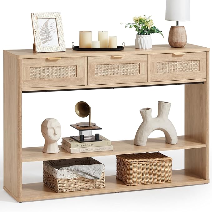 LEYAOYAO 48" Boho Rattan Console Table with 3 Drawers, 3 Tier Wooden Entryway Table with Open Storage Shelf, Narrow Long Behind Couch Sofa Tables for Living Room, Hallway, Entrance, Natural Wood