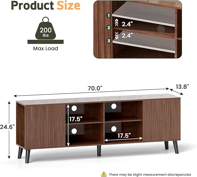 Mid-Century Modern TV-Stand - Fluted TV Stand for 80 75 65Inch TV, Entertainment Center with Storage, Media Console with Adjustable Shelves for Living Room, Walnut