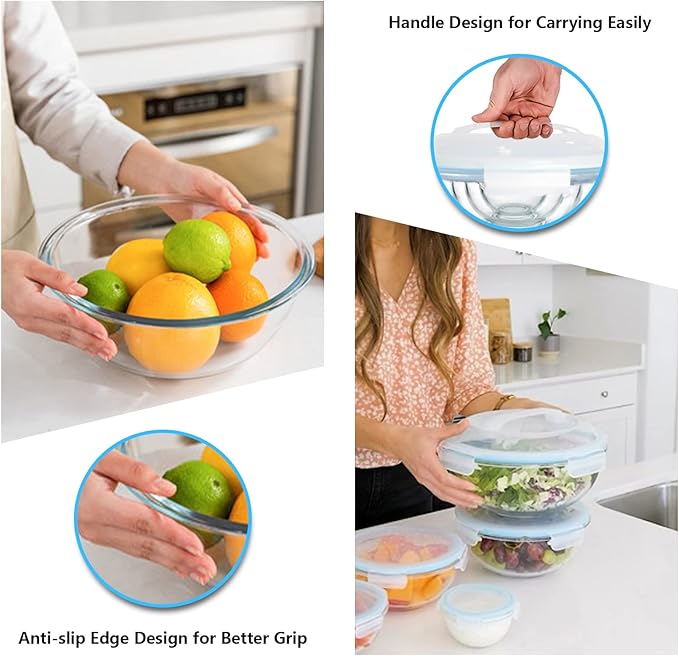 WhiteRhino Glass Mixing Bowl with Lids Set of 5, 0.2, 0.5, 1.1, 2.1, 3.75 QT, Large Salad Bowls with BPA-Free Lids, Space-Saving Nesting Bowls for Kitchen Food Storage, Glass bowl for Cooking, Baking