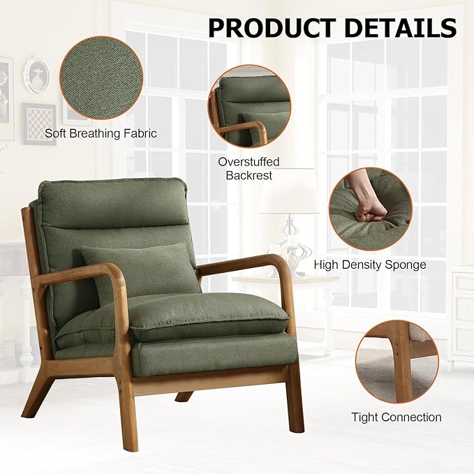 Phoenix Home Accent Chair Set of 2 Mid Century Lounge Chair PU Leather, Upholstered Reading Armchair with Lumbar Pillow & Solid Wood Frame for Office, Living Room Bedroom, Balcony, Green