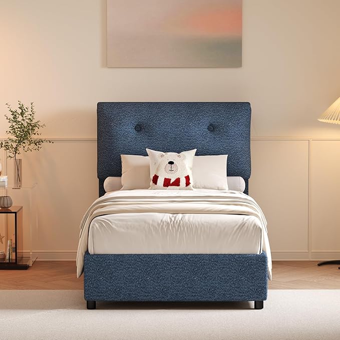 Twin Bed Frames,Breathable Boucle Fabric Upholstered Bed Frame Twin with Headboard,Removable and Washable,Wood Slat Support,No Box Spring Needed,Easy Assembly,Cama Individual,Navy Blue