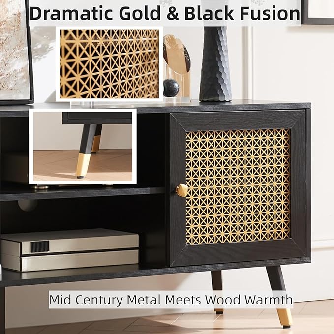 Mid Century Modern TV Consoles for Living Room, TV Stand for TVs Up to 75" - Black Entertainment Center with 2 Gold Metal Mesh Doors & MDF Wood Grain, 15.8" D x 66" W x 23.5" H