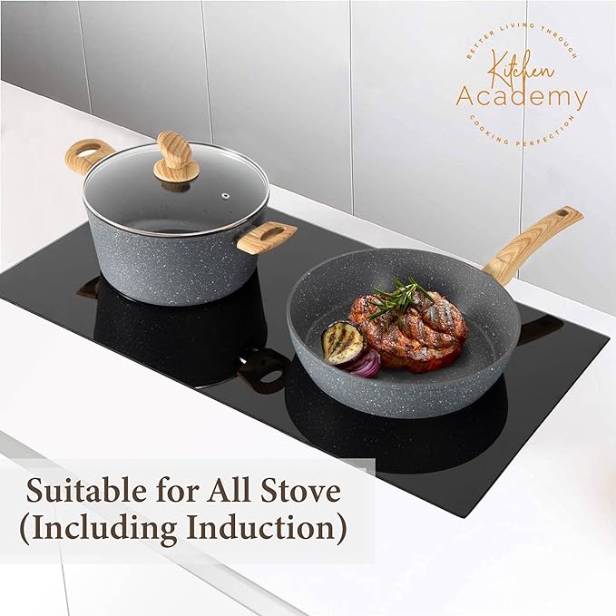 Kitchen Academy Induction Cookware Sets - 12 Piece Gray Cooking Pan Set, Granite Nonstick Pots and Pans Set
