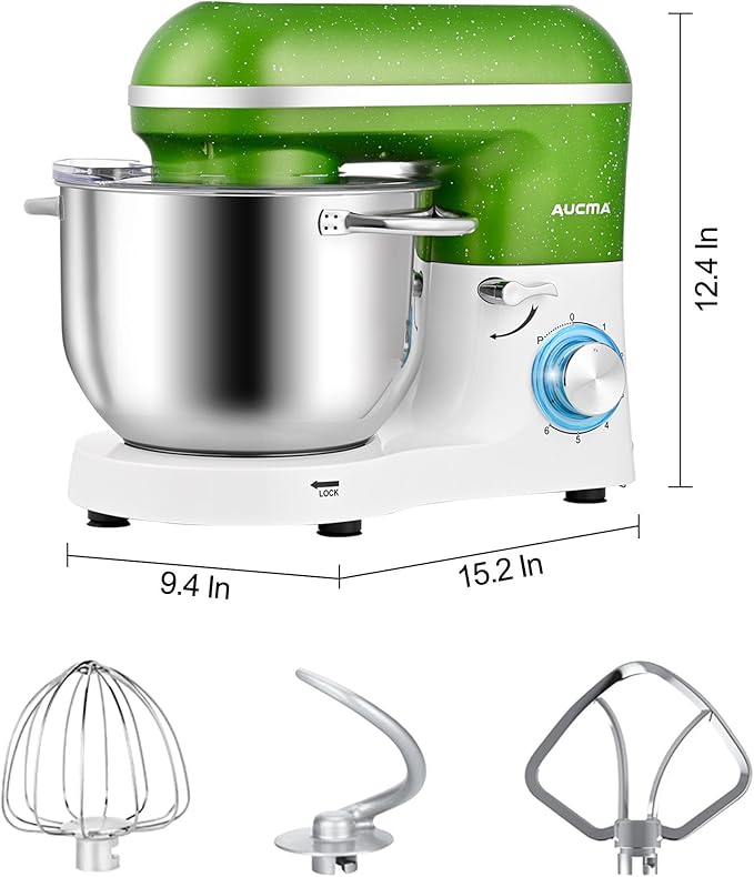 Aucma Stand Mixer,6.5QT 660W 6-Speed Tilt-Head Food Mixer, Kitchen Electric Mixer with Dough Hook, Wire Whip & Beater (Green-White, 6.5QT)